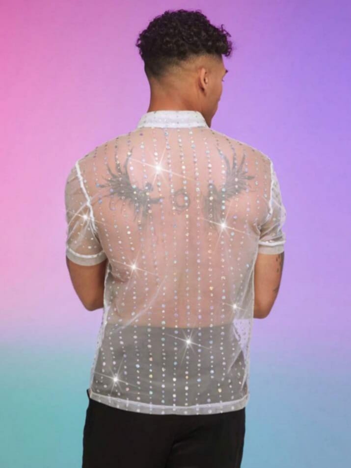 Streak Hawk Knitted With Rhinestone Design Slim Fit Short Sleeve Shirt